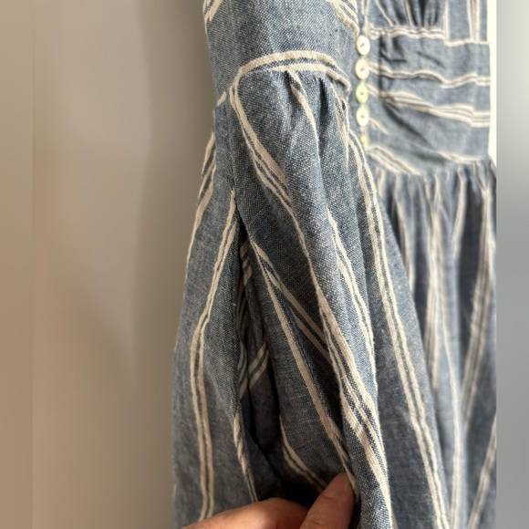 Free People Linen ‘Roll the Dice’ Striped Fit Flare Plunge Neck Flare Mini Dress - Picture 7 of 15